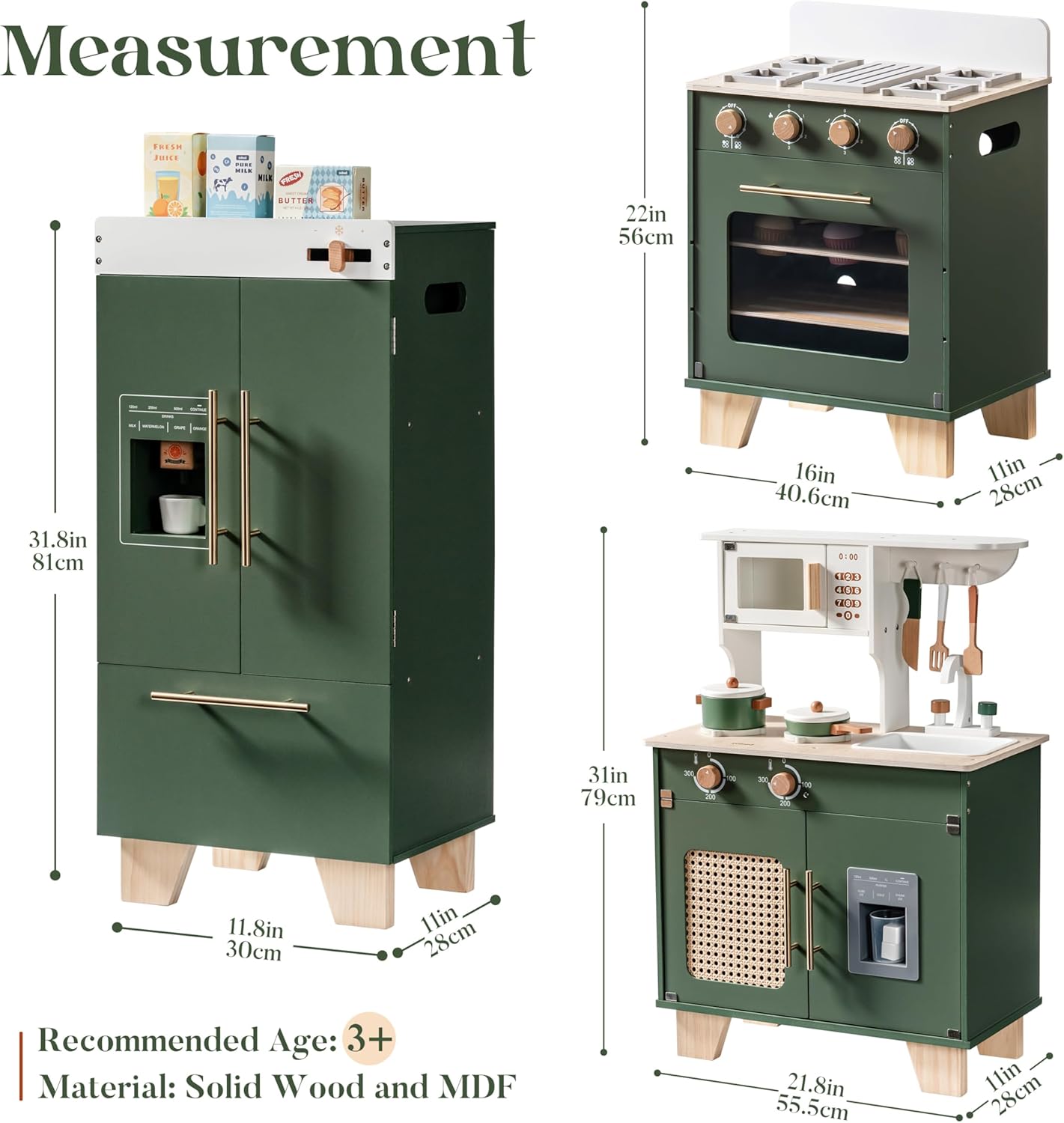 Wooden Play Kitchen 3-Piece Set